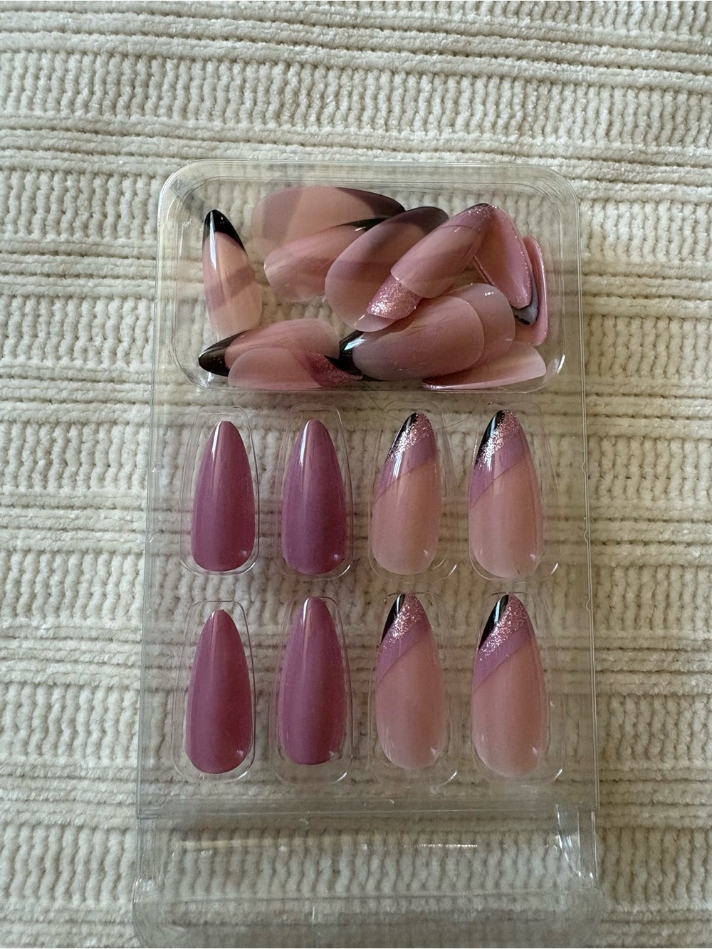 Press-On Nail Set - Pink Ombre Glitter with Pink Glitter Black Tip